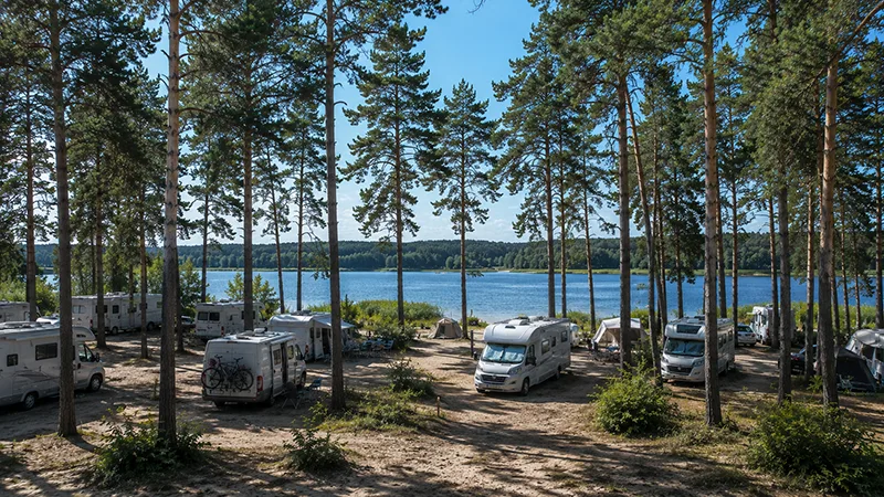 Campingplatz mit Wohnmobilen unter hohen Kiefern und Blick auf einen See im Hintergrund.