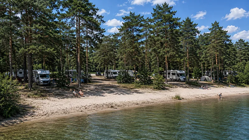 Wohnmobilstellplätze am Sandstrand mit Blick auf den See und umgeben von hohen Kiefern.